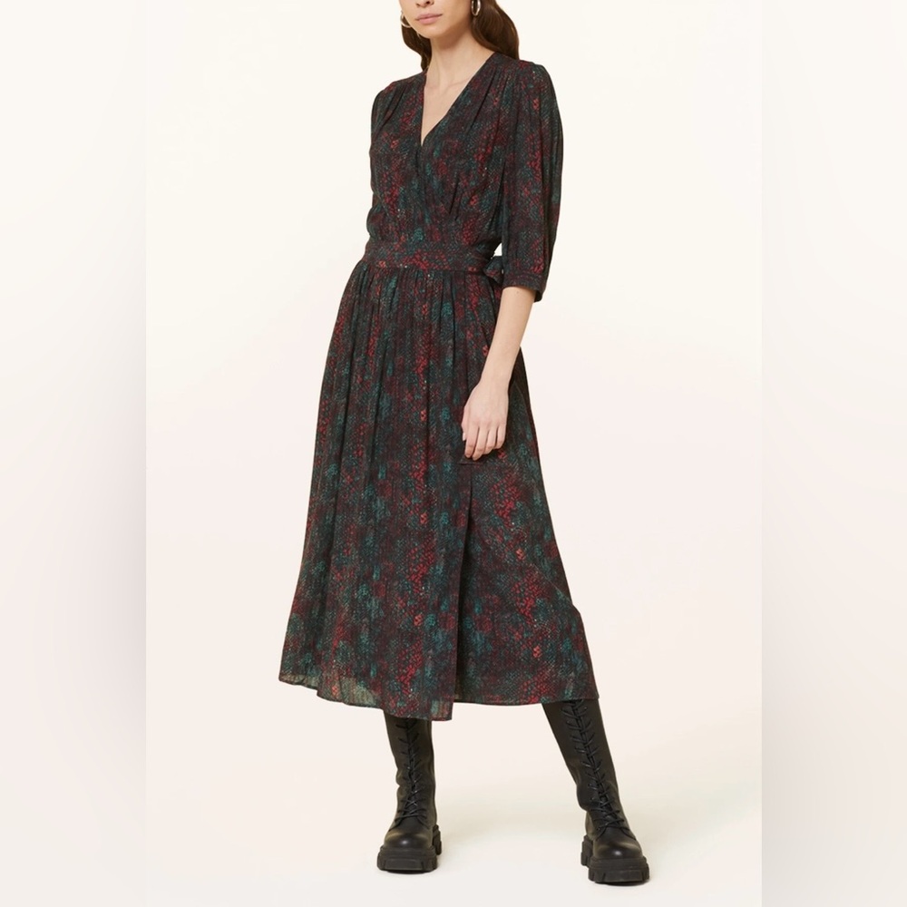 Scotch & Soda NWT Snake Print Wrap Midi Dress 10 Viscose Burgundy Olive Green